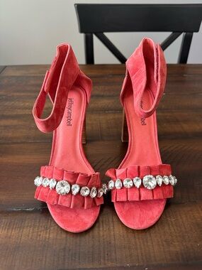 Jeffrey Campbell Coral Suede Ruffle Heels with Crystal Band